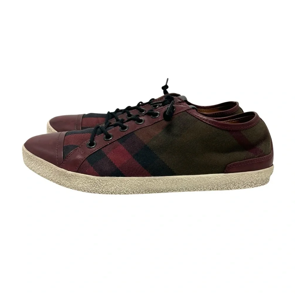 Burberry Harowby Maroon Black Olive Nova Check Low Top Sneakers Leather Trim 38 - Picture 4 of 13